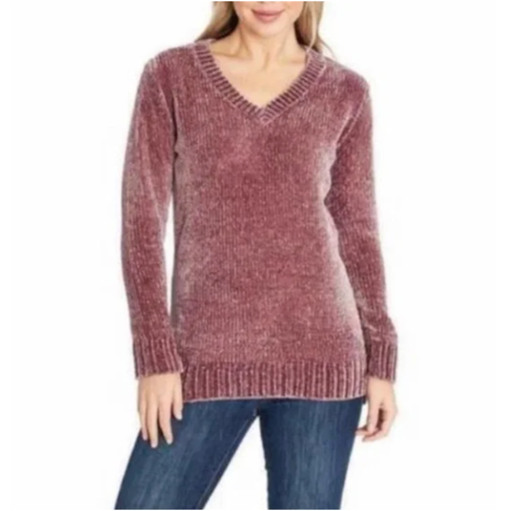Orvis Soft Sweater Rose Pink Velveteen Knit V-Neck Ribbed Trim Women's Size M